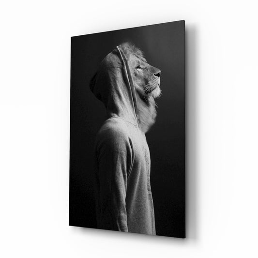 Hooded lion portrait glass wall art surreal monochrome tempered glass