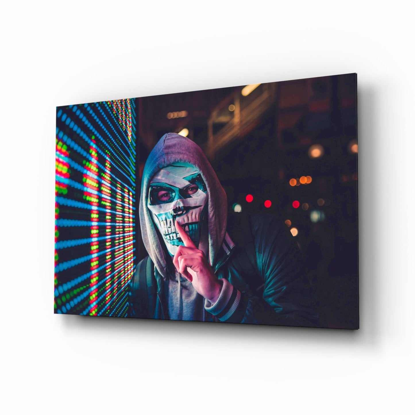 Be Quiet skull mask neon glass wall art