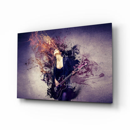 Rock guitarist glass wall art with ink-dispersion violet palette