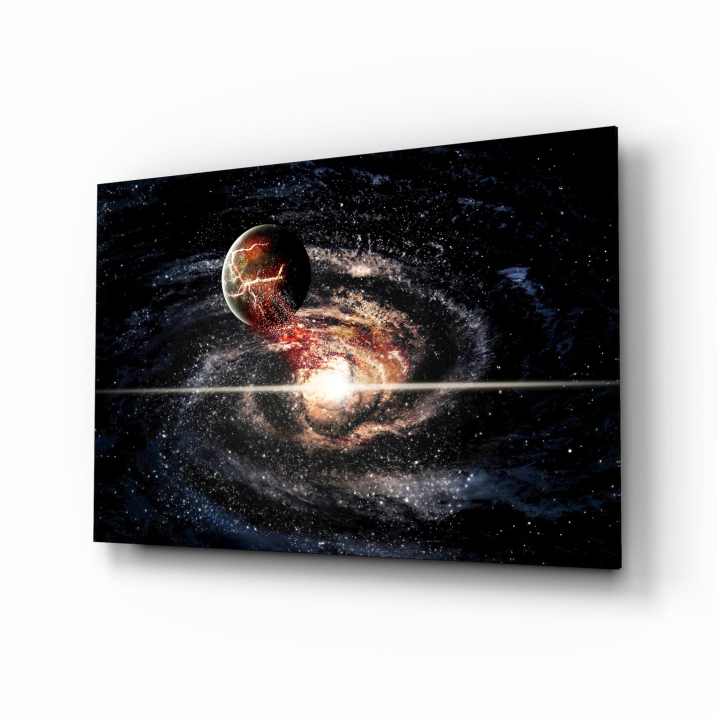Spiral galaxy collision glass wall art cosmic scene