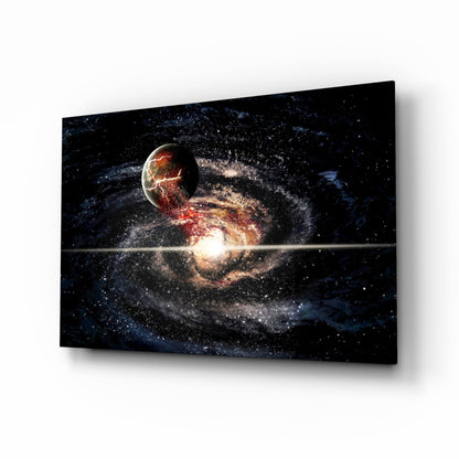 Spiral galaxy collision glass wall art cosmic scene