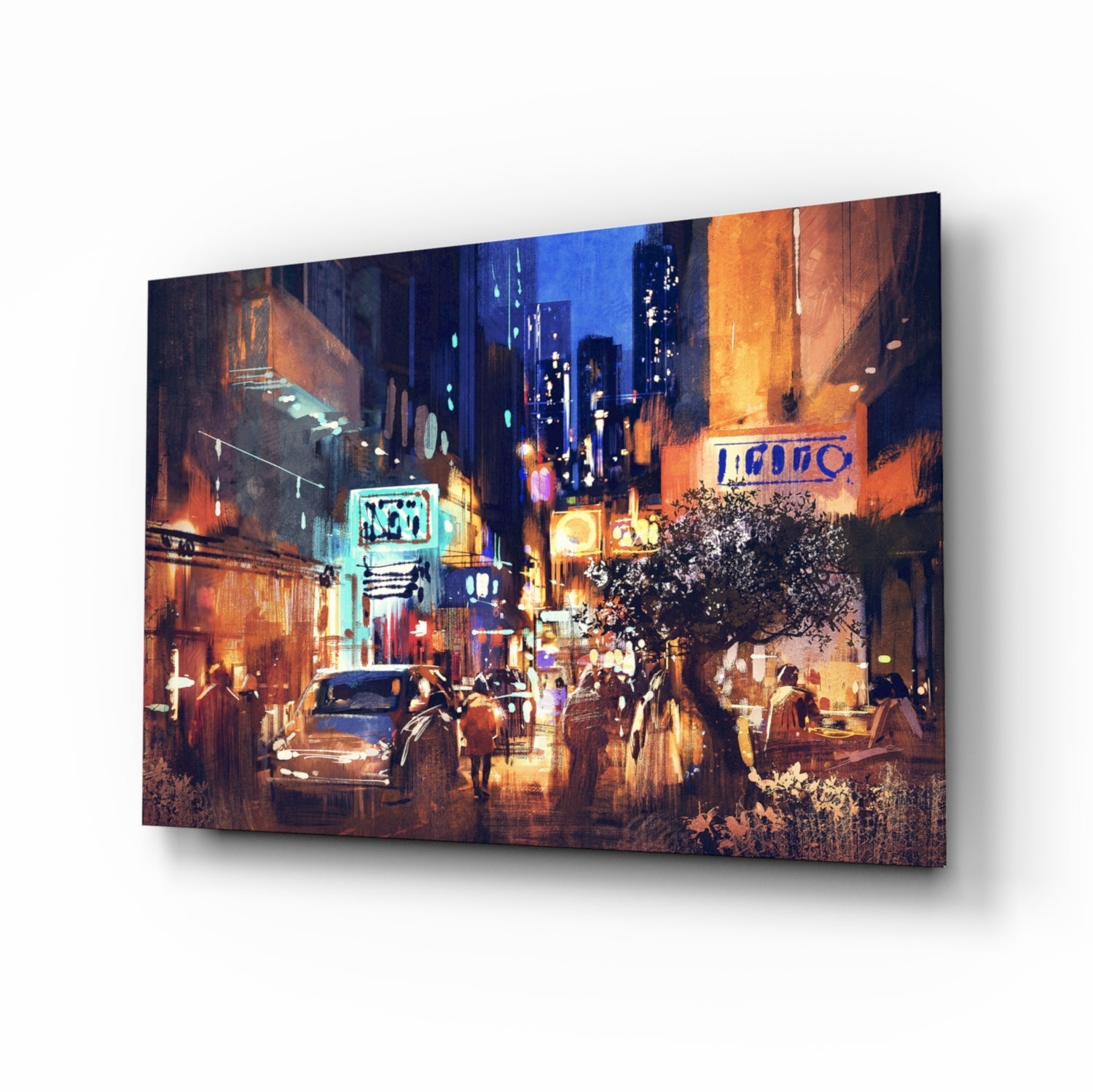 Neon Alley Glass Wall Art watercolor cityscape at night