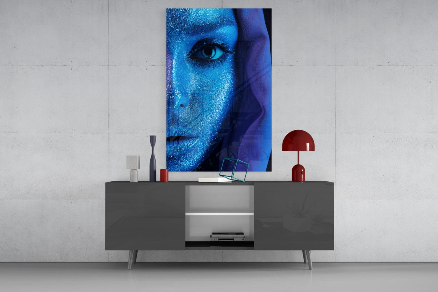 Cobalt Glitter Woman Portrait Glass Wall Art