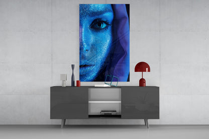Cobalt Glitter Woman Portrait Glass Wall Art