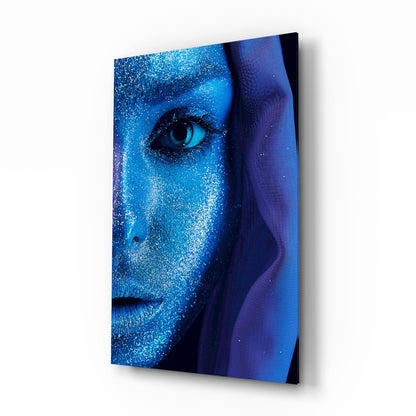 Cobalt glitter woman portrait glass wall art