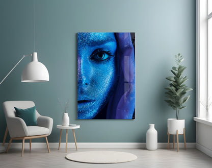 Cobalt Glitter Woman Portrait Glass Wall Art