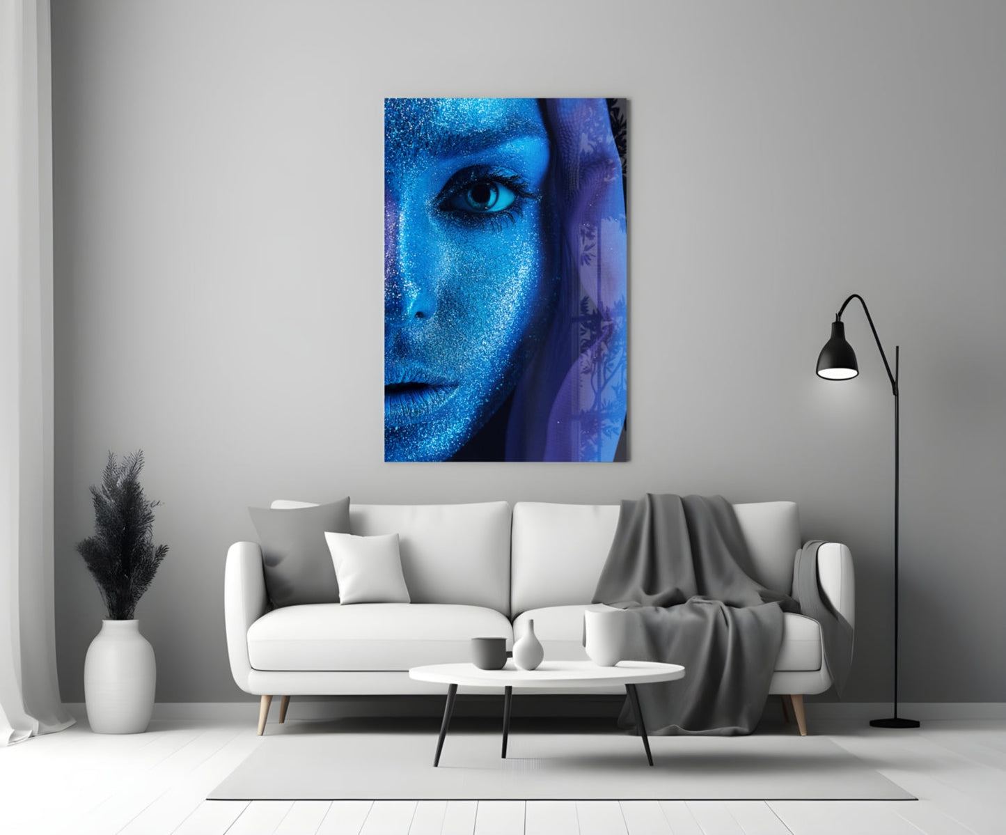 Cobalt Glitter Woman Portrait Glass Wall Art