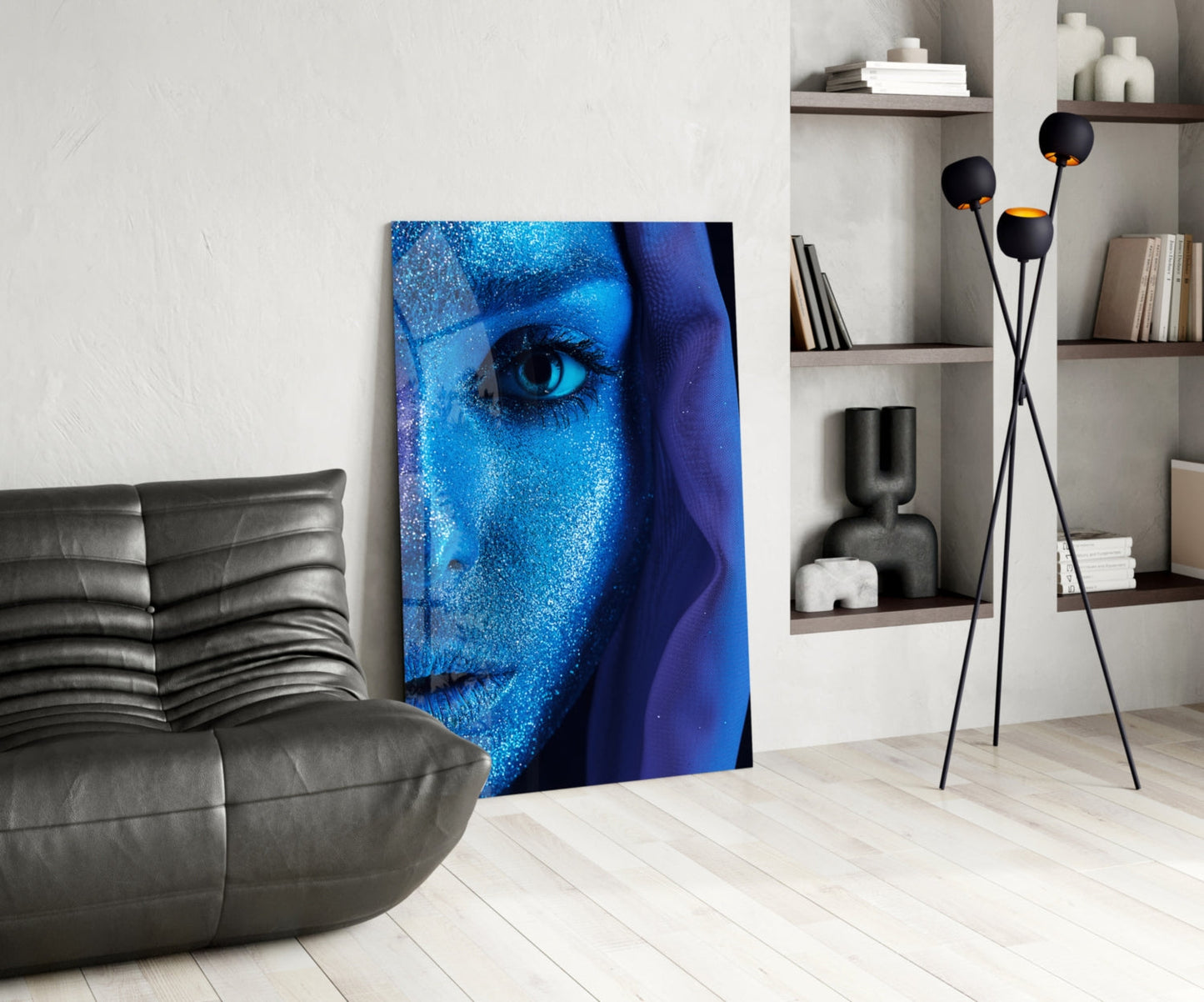 Cobalt Glitter Woman Portrait Glass Wall Art