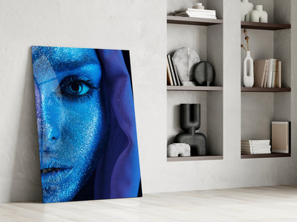 Cobalt Glitter Woman Portrait Glass Wall Art