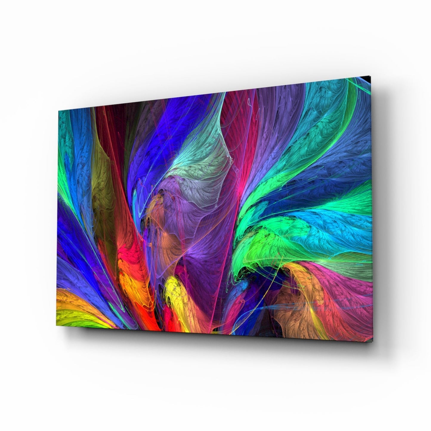 Colorful fractal feathers glass wall art in rainbow tones
