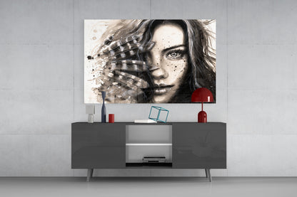 Ink Feather Woman Portrait Glass Wall Art