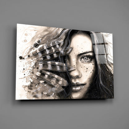 Ink Feather Woman Portrait Glass Wall Art