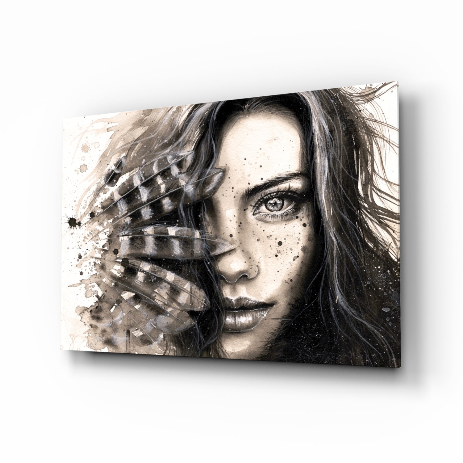 Ink feather woman portrait glass wall art in cream and charcoal