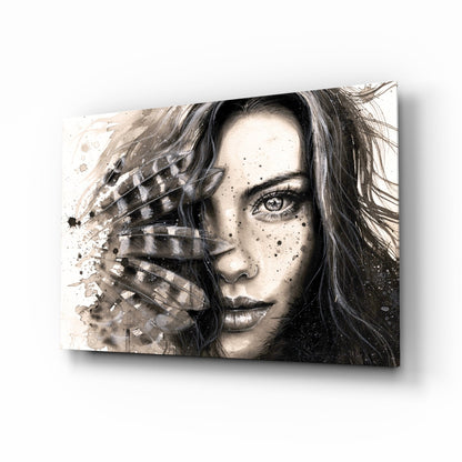 Ink feather woman portrait glass wall art in cream and charcoal