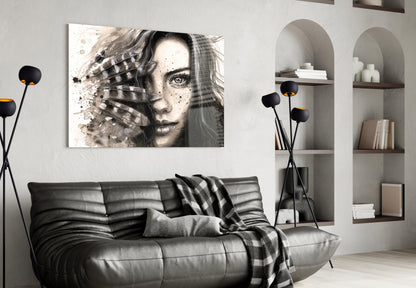 Ink Feather Woman Portrait Glass Wall Art