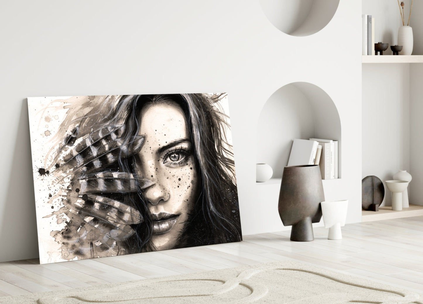 Ink Feather Woman Portrait Glass Wall Art