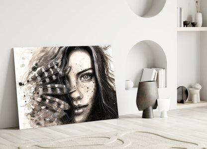 Ink Feather Woman Portrait Glass Wall Art