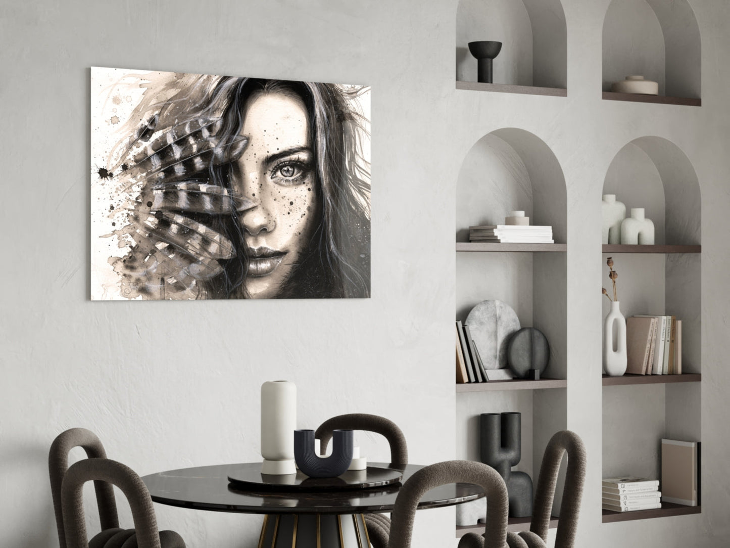 Ink Feather Woman Portrait Glass Wall Art