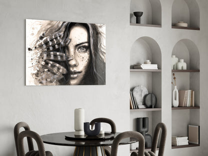 Ink Feather Woman Portrait Glass Wall Art