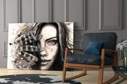 Ink Feather Woman Portrait Glass Wall Art