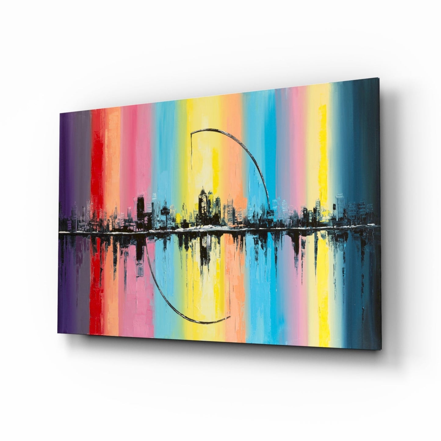 Rainbow stripes city skyline glass wall art