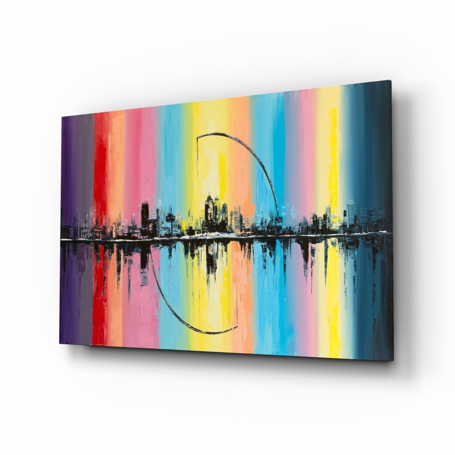 Rainbow stripes city skyline glass wall art