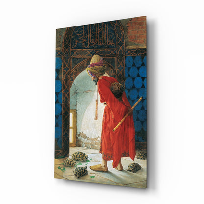 The Tortoise Trainer glass wall art, Ottoman elder with tortoises in a mosque doorway