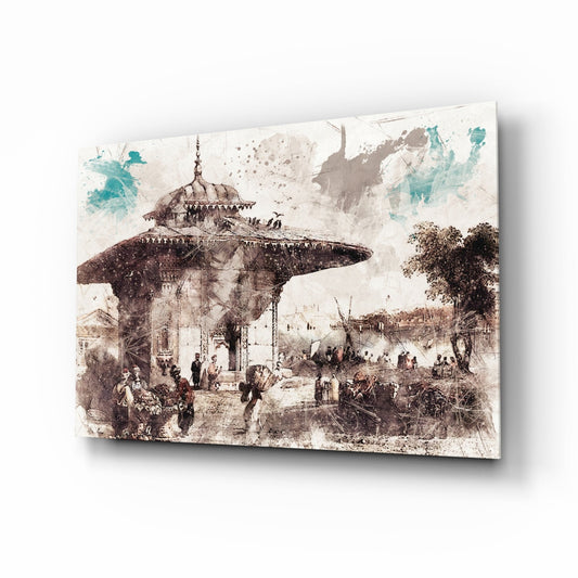Uskudar Istanbul watercolor tempered glass wall art on a wall