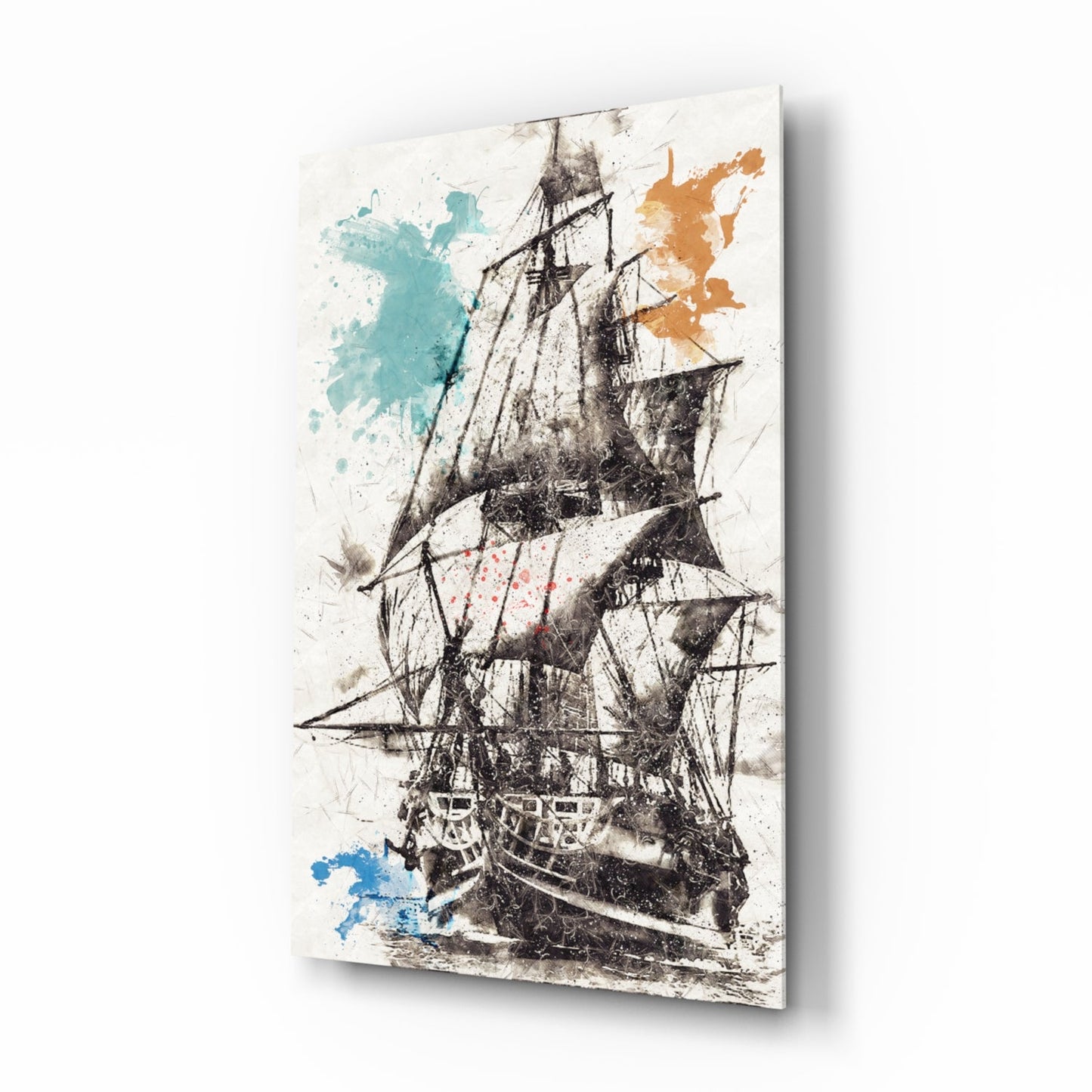 Ship illustration watercolor glass wall art