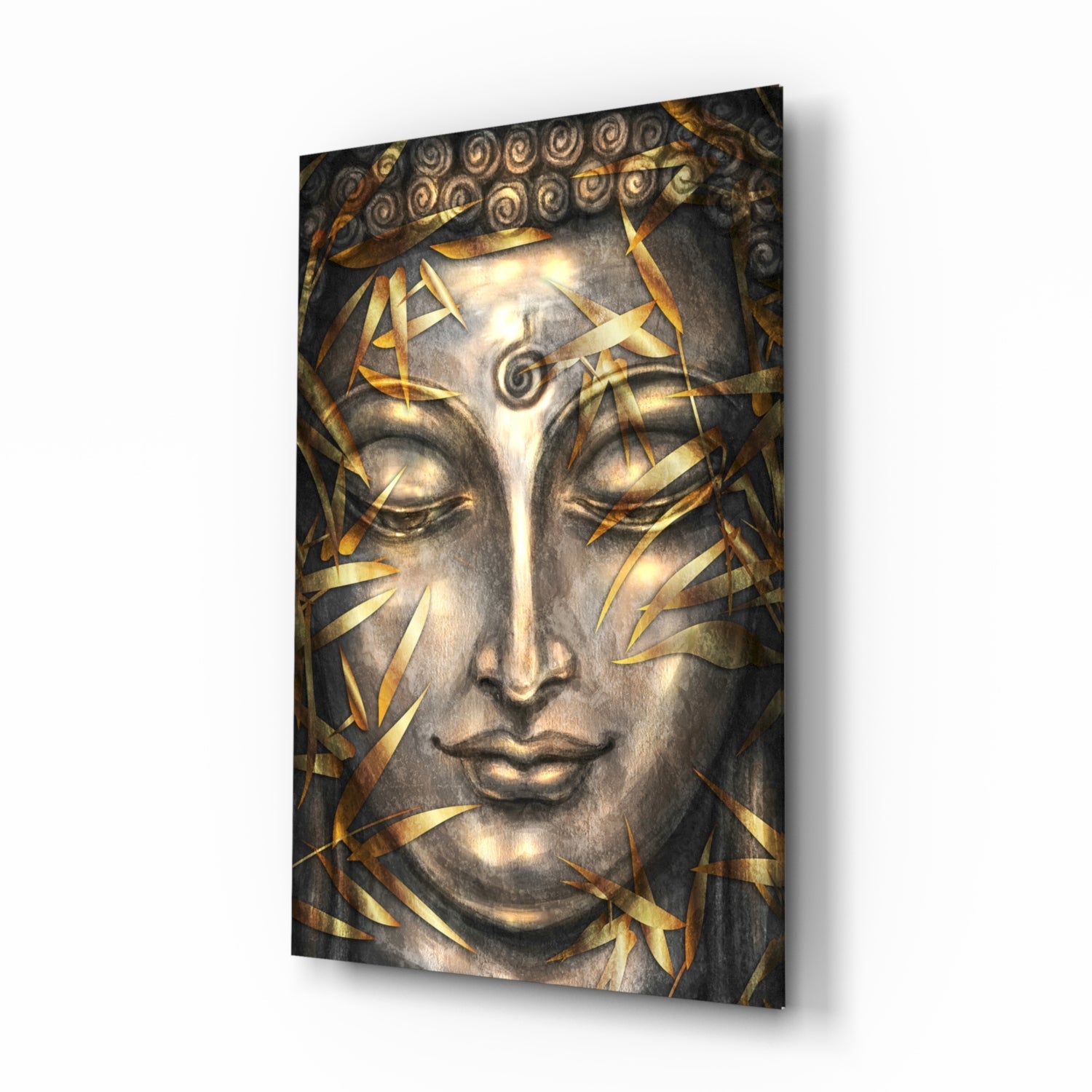 Golden Buddha relief glass wall art in gold and bronze on high-gloss tempered glass