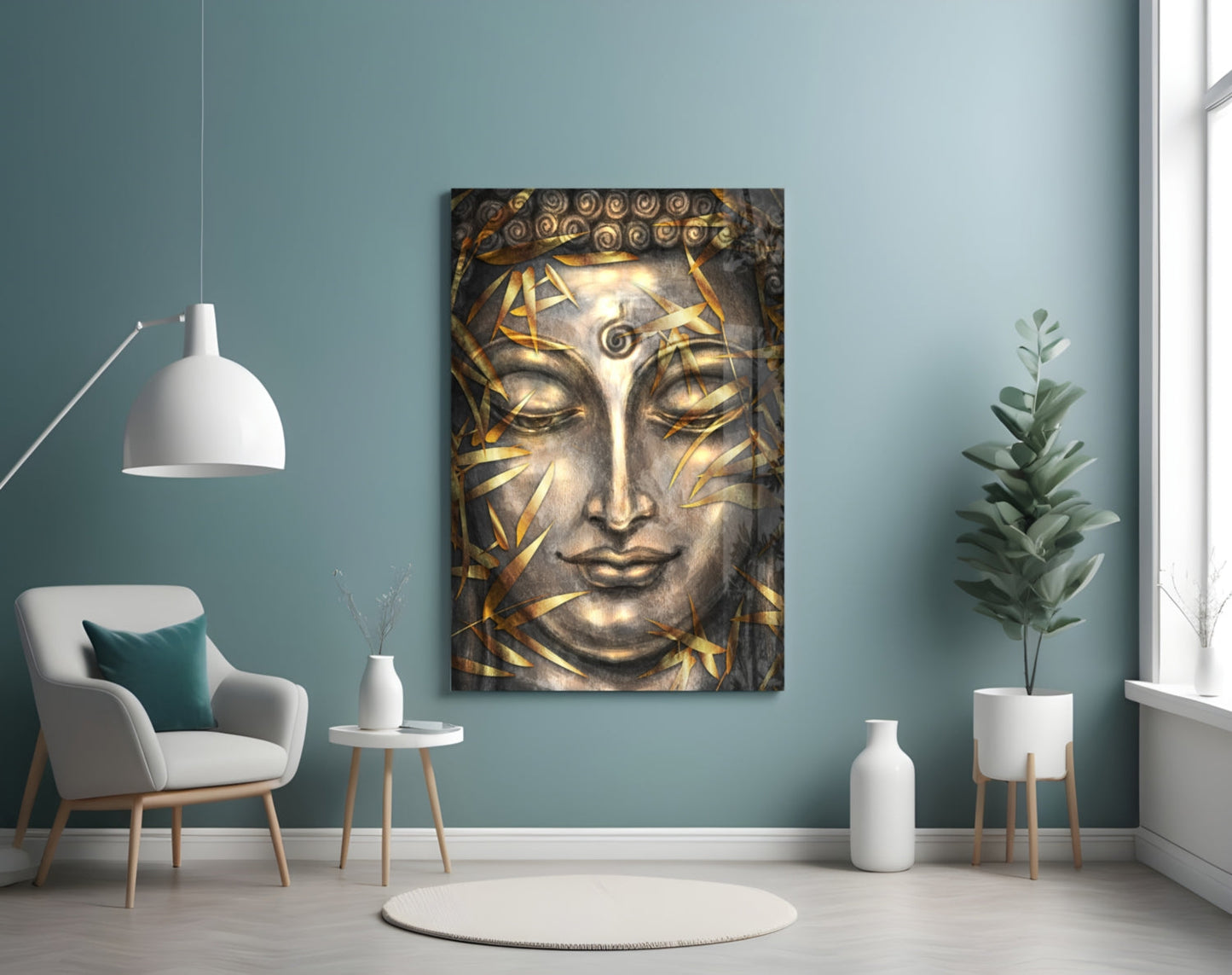 Golden Buddha Relief Glass Wall Art