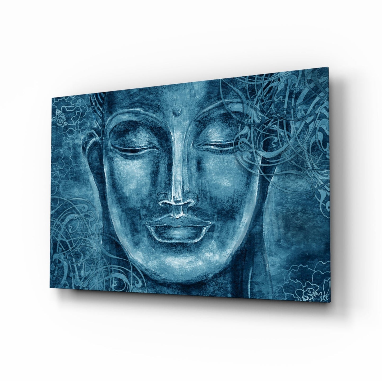 Cobalt blue Buddha glass wall art, serene face with floral filigree in deep blue