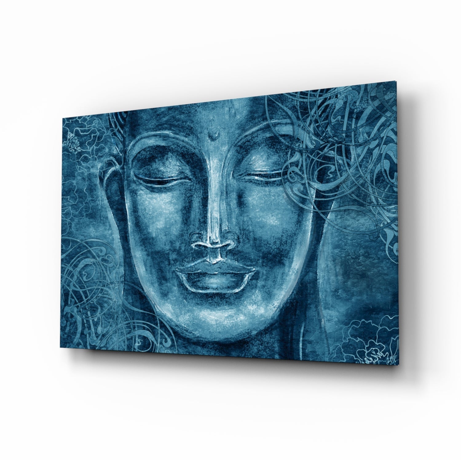 Cobalt blue Buddha glass wall art, serene face with floral filigree in deep blue