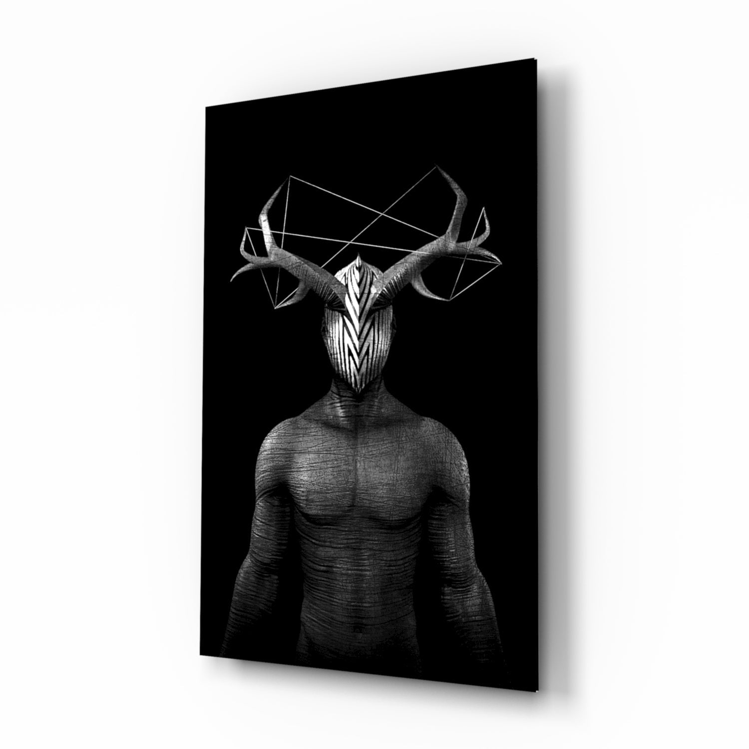 Monochrome antlered figure glass wall art