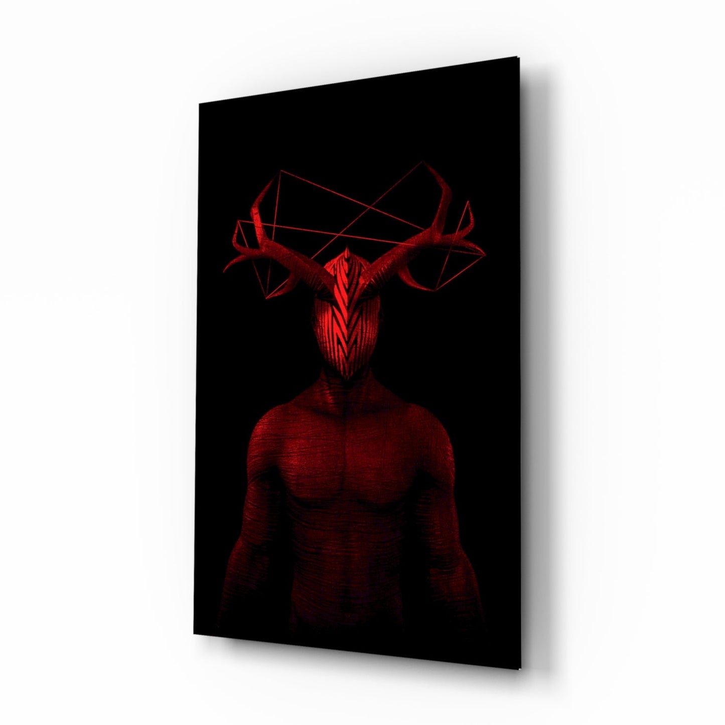 Crimson antlered figure glass wall art