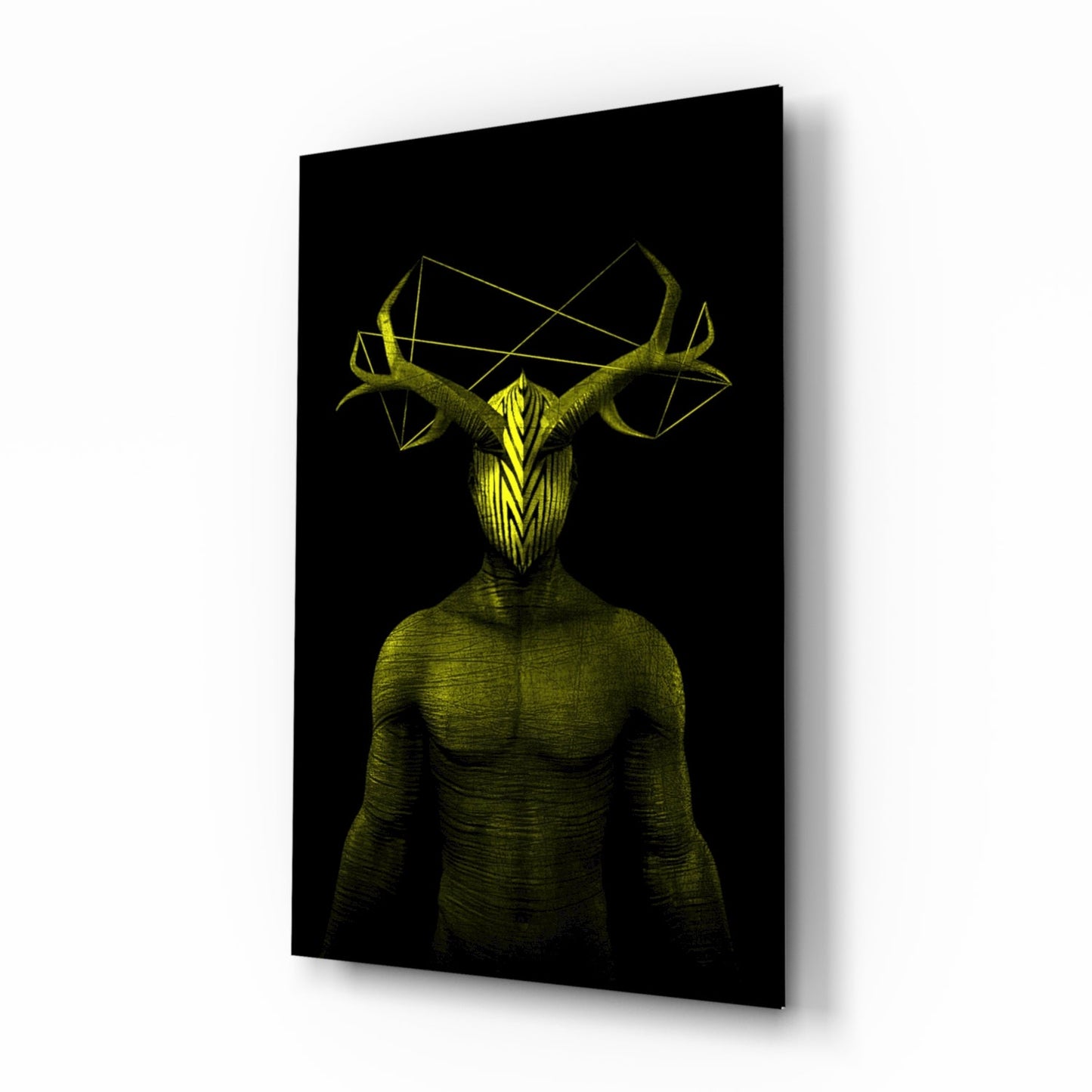 Neon yellow antlered figure glass wall art