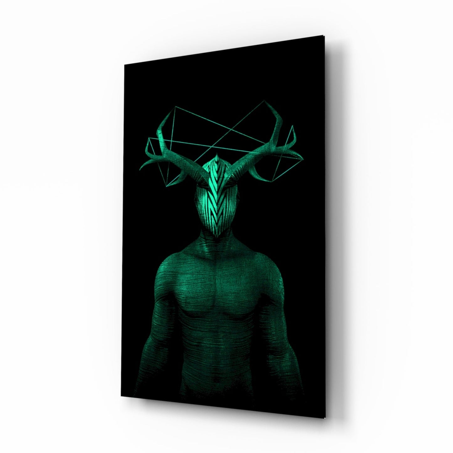 Emerald antlered figure glass wall art