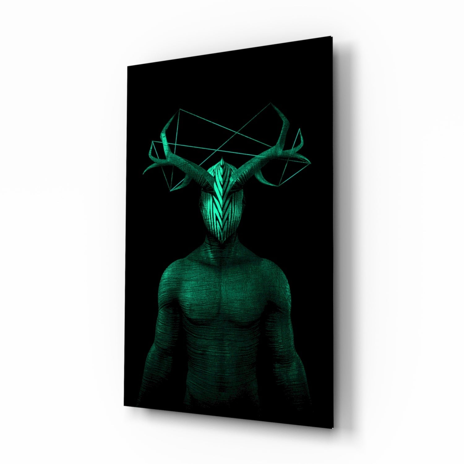 Emerald antlered figure glass wall art