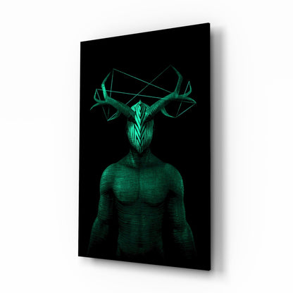 Emerald antlered figure glass wall art
