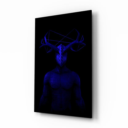 Cobalt antlered figure glass wall art