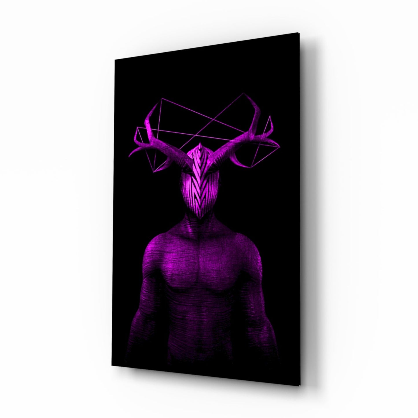 Magenta antlered figure glass wall art