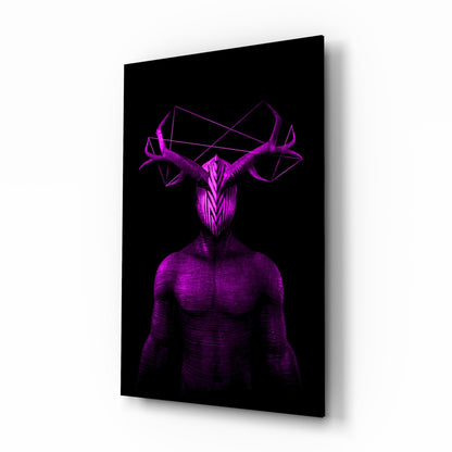 Magenta antlered figure glass wall art
