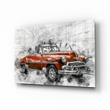 Sketched vintage convertible car glass wall art