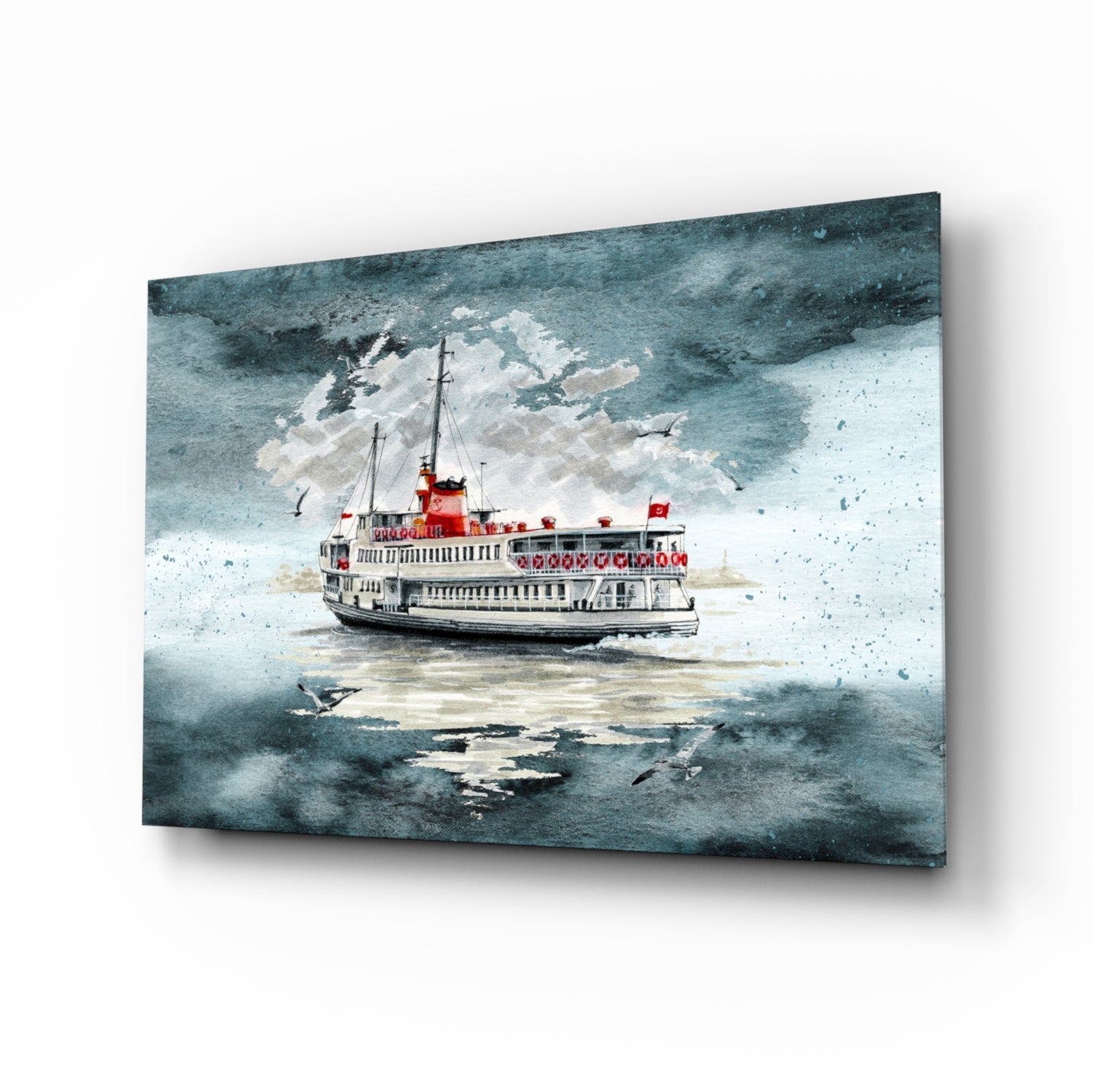 Istanbul Ferry Turquoise glass wall art with turquoise Bosphorus scene