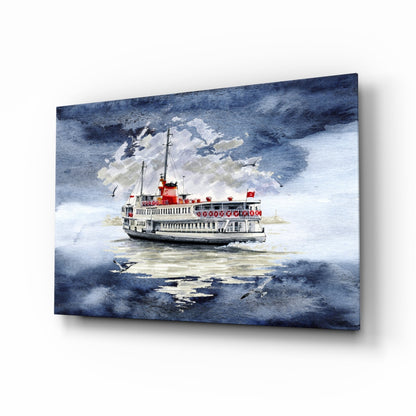 Istanbul Ferry glass wall art with cobalt Bosphorus watercolor scene