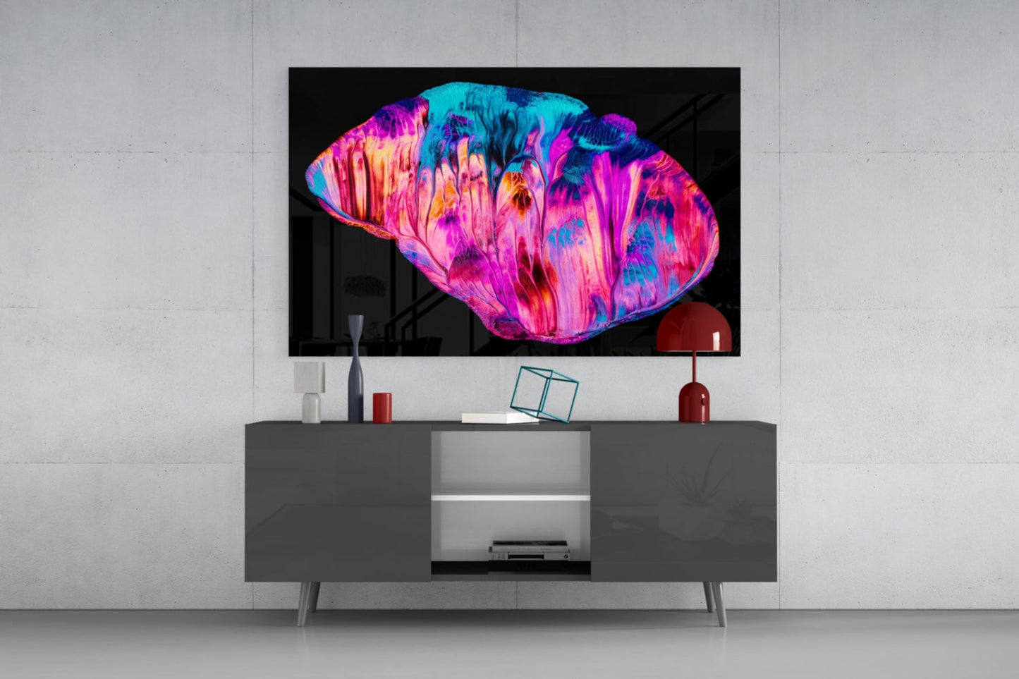 Magenta Cyan Paint Pour Abstract Glass Wall Art