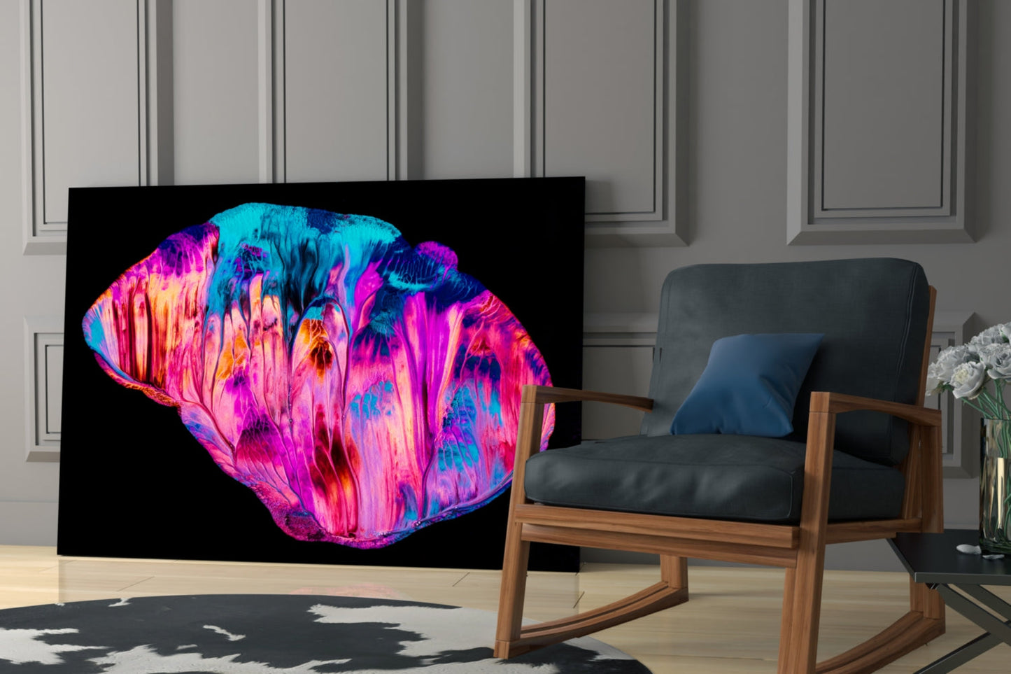 Magenta Cyan Paint Pour Abstract Glass Wall Art