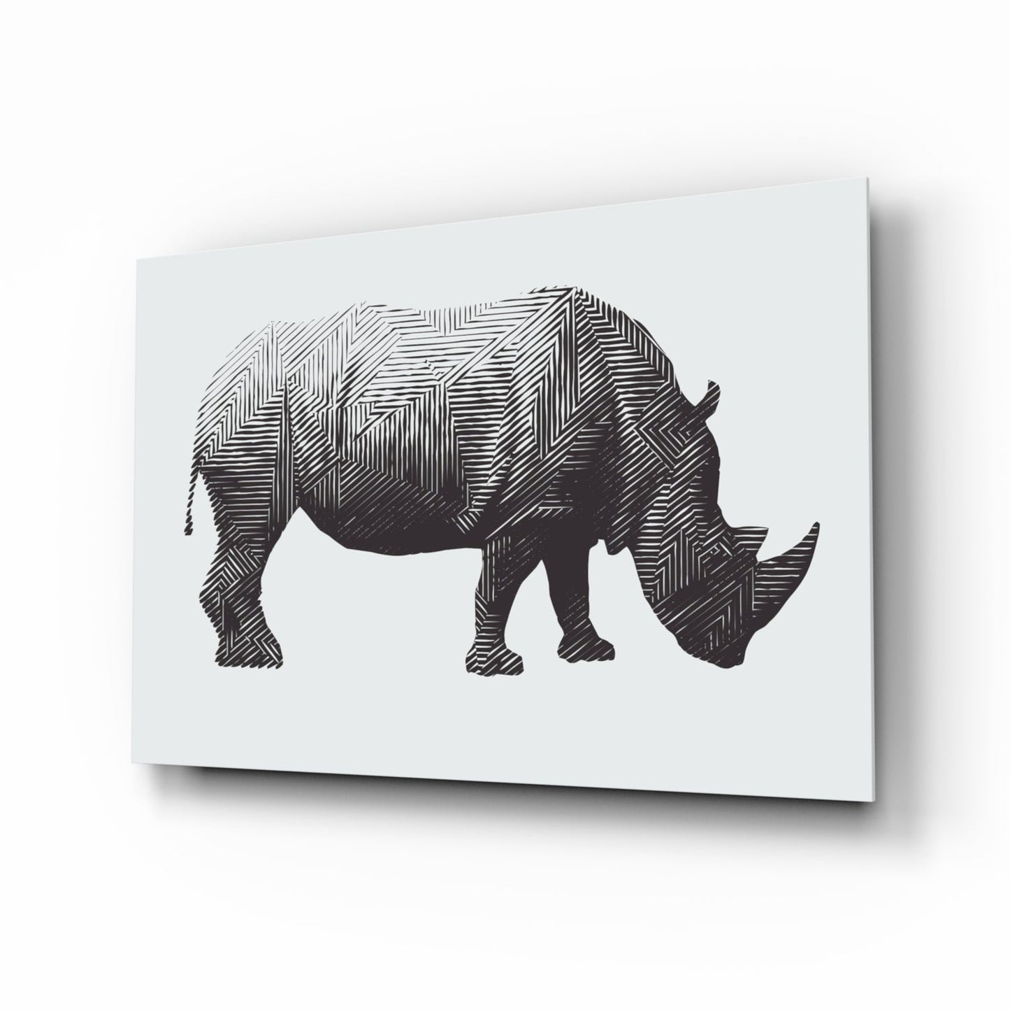 Rhino line-art glass wall art in charcoal crosshatch
