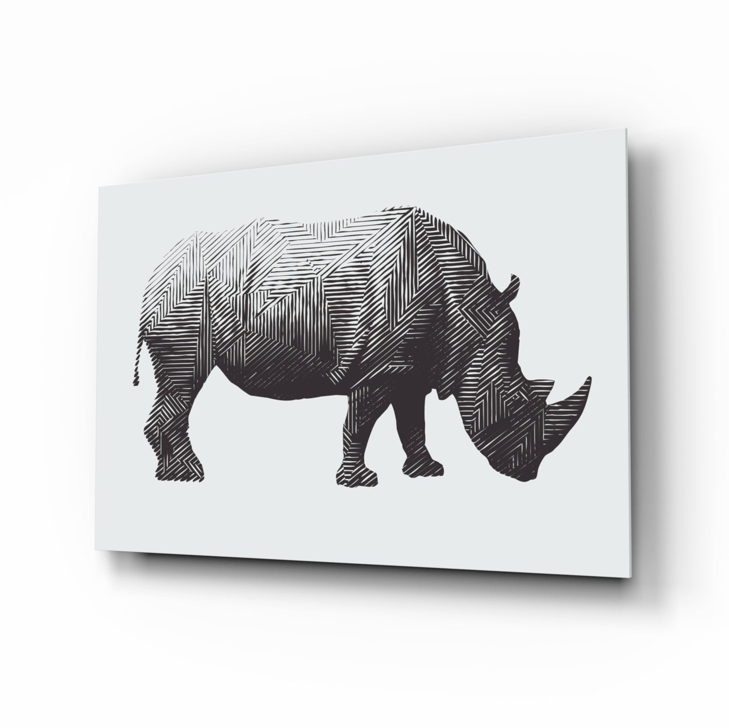Rhino line-art glass wall art in charcoal crosshatch