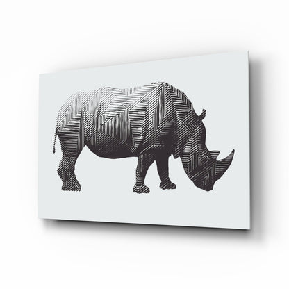 Rhino line-art glass wall art in charcoal crosshatch